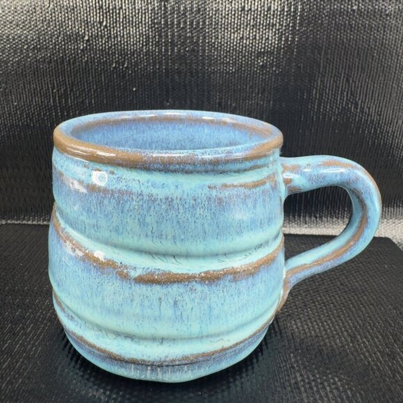 Hand Made Stoneware Pottery Coffee Mug Cup Heavy Blue Glaze Swirl Mug Signed - Picture 1 of 7